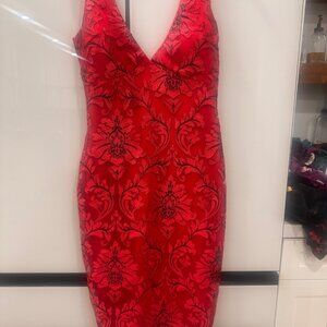 Red & Black Damask Floral Pattern Sleeveless V-Neck Midi Dress By Siena